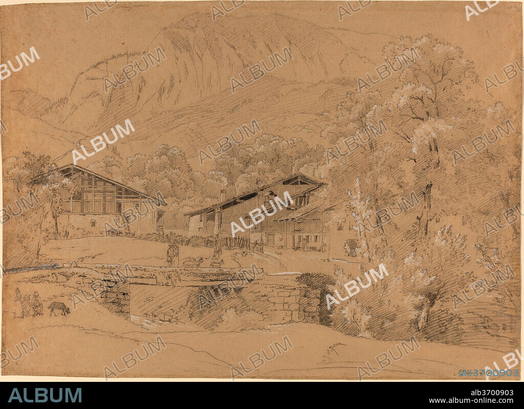 JEAN ANTOINE LINCK. An Alpine Village in Summertime. Dimensions: overall: 42.2 x 58.2 cm (16 5/8 x 22 15/16 in.). Medium: black chalk and graphite heightened with white chalk on tan paper.