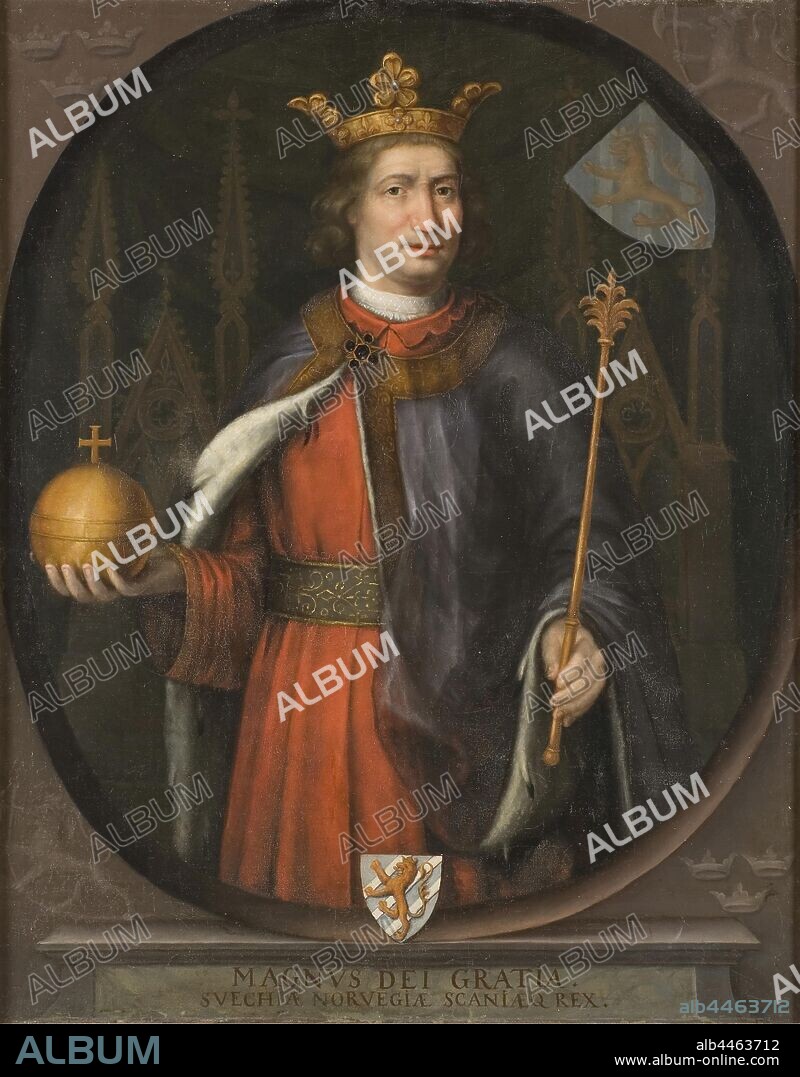 King Magnus Eriksson, Magnus Eriksson king of Sweden and Norway, 1316-1374, painting, oil on canvas, Height, 136.5 cm (53.7 inches), Width, 110.5 cm (43.5 inches), Depth, 4.5, cm (1.7 inches).