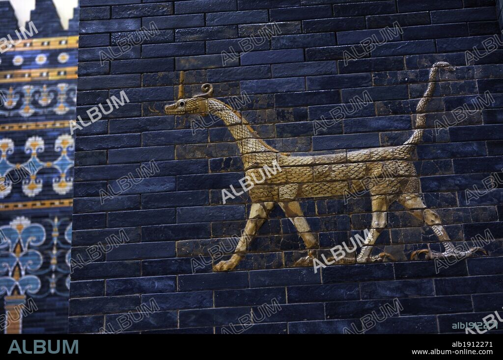 Ishtar Gate. The eight gate of the inner wall of Babylon. Built in 575 BC by order to Nebuchadnezzar II. Reconstructed in 1930. Detail. Pergamon Museum. Berlin. Germany.
