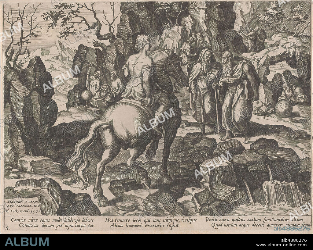 Pieter Jalhea Furnius, Amassing Knowledge, from The Course of Human Life, The Course of Human Life, Pieter Jalhea Furnius (Flemish, 15451610), After Jan van der Straet, called Stradanus (Netherlandish, Bruges 15231605 Florence), 1570, Engraving, Sheet: 9 1/16 × 11 7/8 in. (23 × 30.1 cm), Prints.