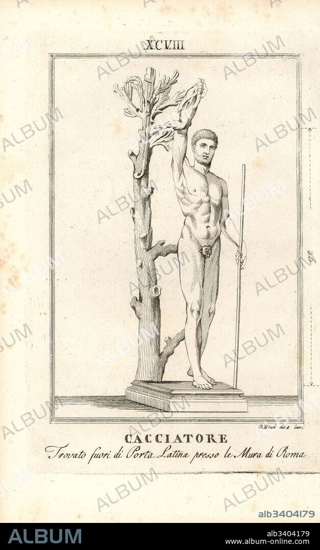 Statue of a hunter with staff standing near a tree. From Rome, near the Porta Latina. Copperplate engraving after a drawing by G. Bossi from Pietro Paolo Montagnani-Mirabili's Il Museo Capitolino (The Capitoline Museum), Rome, 1820.