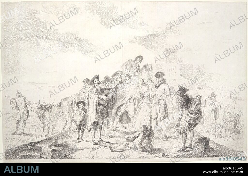 The blind guitarist (El ciego de la guitarra). Artist: Goya (Francisco de Goya y Lucientes) (Spanish, Fuendetodos 1746-1828 Bordeaux). Dimensions: Sheet: 14 in. × 21 5/8 in. (35.5 × 55 cm). Date: ca. 1778.
In the spring of 1778 Goya submitted an oil cartoon depcting the blind guitatist to the Royal Tapestry Factory of Santa Barbara in Madrid for it to be woven into a tapestry. Because of the complexity of the design it proved too difficult for the weavers to interpret and alterations had to be made. This etching - his largest ever and the only print after one of his own works - is thought to record his first design before he modified it. The modified cartoon is today in the Museo del Prado, Madrid. Goya recognized the ability of the etching medium to convey minute detail and in this print, he emphasises the different expressions of those surrounding the guitarist. Few impresions of this print are known. This is a working proof touched by the artist with graphite.
