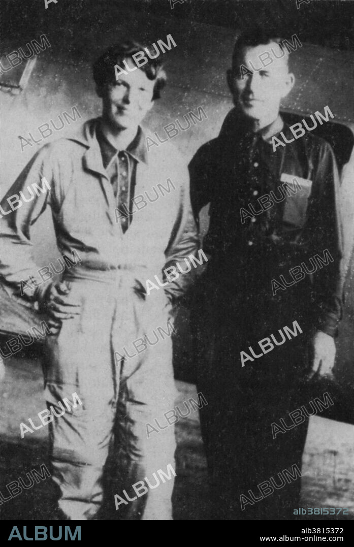 Amelia Earhart and her crewman Fred Noonan in Los Angeles in May 1937, shortly before their final flight and disappearance on July 2, 1937. Amelia Mary Earhart (1897-1937), American aviation pioneer. Earhart was the first woman to cross the Atlantic by air as a passenger (1928), fly solo across the Atlantic, setting a new record of 13 hours and 30 minutes (1932), and fly from Hawaii to California (1935). Earhart was the first woman to receive the U.S. Distinguished Flying Cross, awarded for becoming the first aviatrix to fly solo across the Atlantic Ocean. She was a member of the National Woman's Party, and an early supporter of the Equal Rights Amendment. In 1937, Earhart attempted to become the first woman to fly around the world. Her plane, with her navigator Fred Noonan also on board, disappeared on July 2nd, 1937 while flying over the Pacific Ocean from New Guinea to Howland Island. No trace of the plane or crew was ever found.