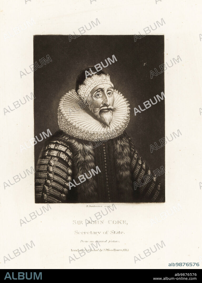 Sir John Coke, 1563-1644, English politician, MP, and Secretary of State to King Charles I. In lace ruff and cap. Mezzotint engraving by Robert Dunkarton after an original portrait from Richard Earlom and Charles Turner's Portraits of Characters Illustrious in British History Engraved in Mezzotinto, published by S. Woodburn, London, 1813.