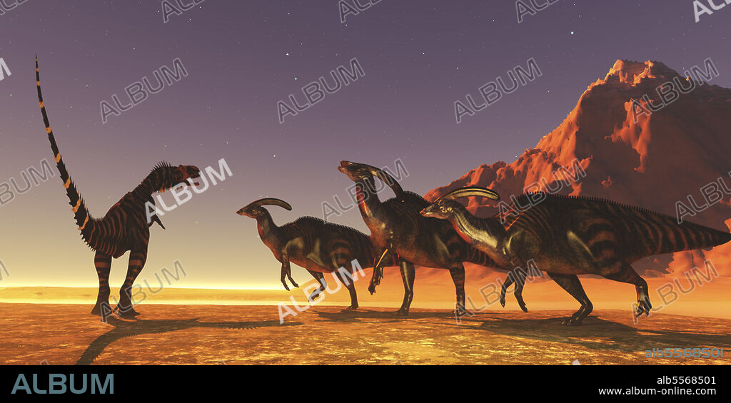 A carnivorous Rajasaurus dinosaur confronts a herd of Parasaurolophus sauropods.