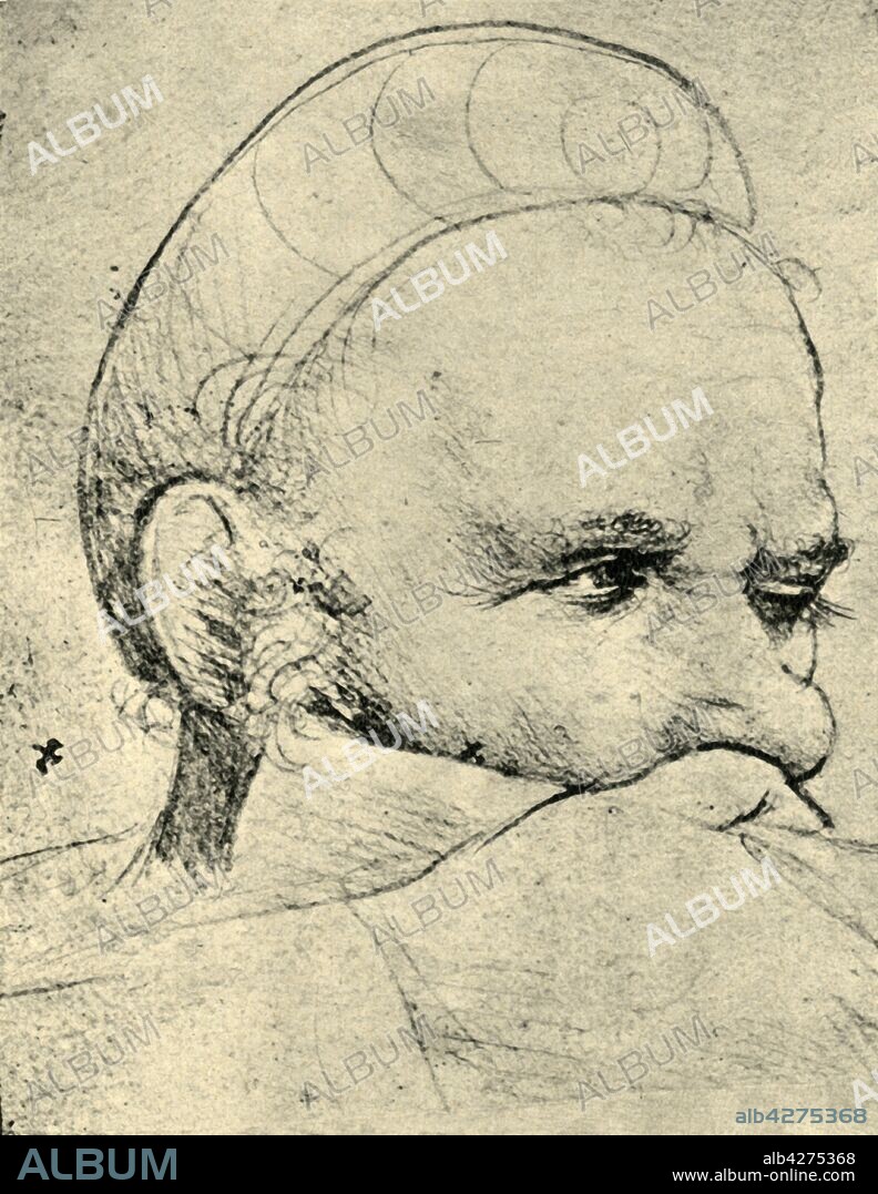 HANS HOLBEIN DER ÄLTERE. The head of a crossbowman taking aim, 1514-1515, (1943). Study for the Augsburg Triptych altarpiece featuring the martyrdom of St Sebastian. Drawing in the Statens Museum for Kunst, Copenhagen. From "Europäische Handzeichnungen", (Five Hundred Years of European Drawings), by Bernhard Degenhart. [Atlantis-Verlag Berlin, Zürich, 1943].