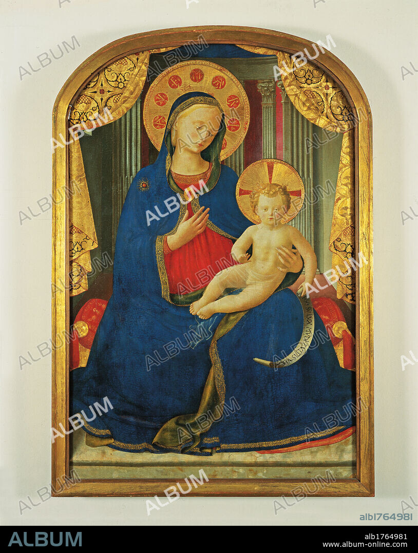 Madonna and Child, by Guido di Pietro (or Piero) known as Beato Angelico, 15th Century, 1400-1450 about, tempera on panel, cm 100 x 66. Italy, Piemonte, Turin, Sabauda Gallery. All. Madonna Virgin Mary Mother dress garment mantle cloak halo aureole Child Jesus Baby Jesus Christ Child cross nimbus curtains red blue gold. Authorization required for non editorial use.