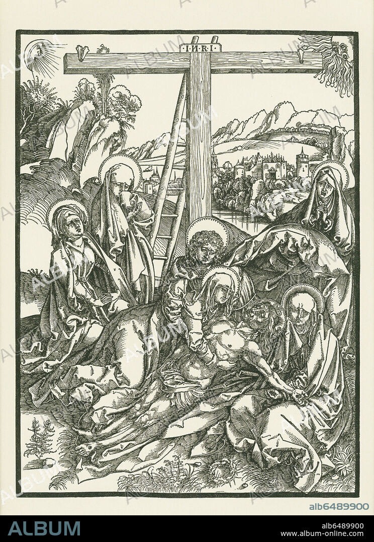 ALBERTO DURERO. Lamentation for Christ. Around 1500. 
Woodcut, 395 x 292mm.
