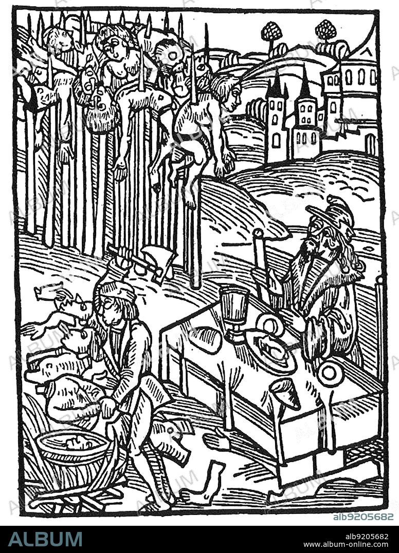 Vlad III dining among the impaled corpses of his victims. Engraving from 1500. Vlad III, commonly known as Vlad the Impaler or Vlad Dracula (1428/31 ,Ai 1476/77), was Voivode of Wallachia three times. He is often considered one of the most important rulers in Wallachian history and a national hero of Romania. Notorious for his cruelty, his patronymic inspired the name of Bram Stoker's literary vampire, Count Dracula.