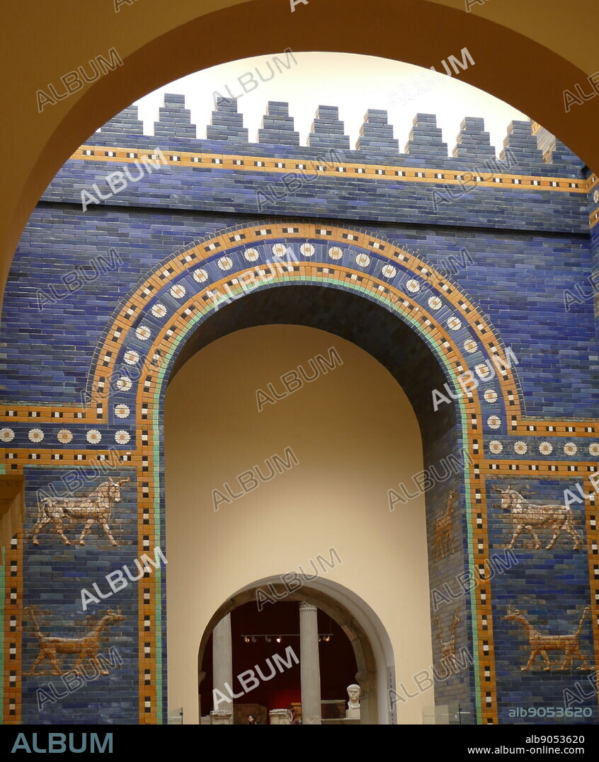The Ishtar Gate of Babylon. constructed in about 575 BC, by order of King Nebuchadnezzar II on the north side of the city. It was part of a grand walled processional way leading into the city. The walls were finished in glazed bricks mostly in blue, with animals and deities in low relief at intervals, these also made up of bricks that are moulded and colored differently. It was excavated in the early 20th century, and a reconstruction using original bricks, completed in 1930, is now shown in Berlin's Pergamon Museum.