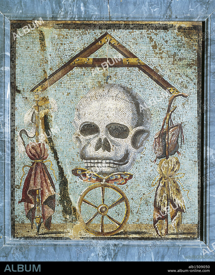 Roman civilization, 1st century A.D. Memento mori with skull and plumb-rule. Second style opus vermiculatum mosaic. From Pompei, Workshop 1, 5, 2.