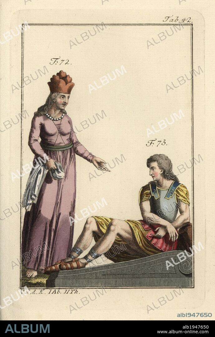 Persian woman and captive Gaul king. Handcolored copperplate engraving from Robert von Spalart's "Historical Picture of the Costumes of the Principal People of Antiquity and of the Middle Ages" (1797).
