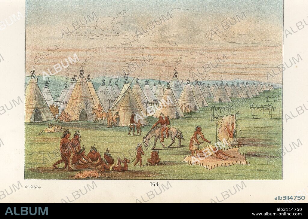 Comanche village of 600 wigwams with chief's teepee in foreground, women drying meat and graining bison skins. Handcoloured lithograph from George Catlin's Manners, Customs and Condition of the North American Indians, London, 1841.