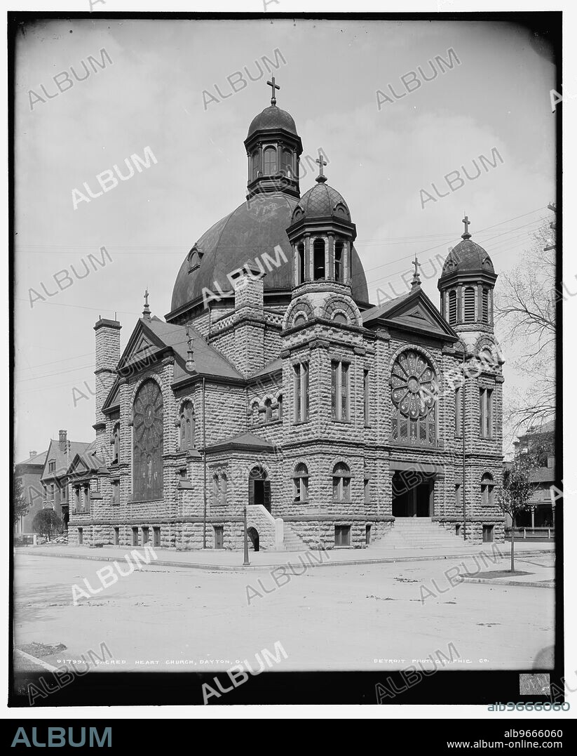 Sacred Heart Church, Dayton, Ohio, between 1900 and 1906. Limestone building designed by Charles Insco Williams in Romanesque Revival style, built in 1890.