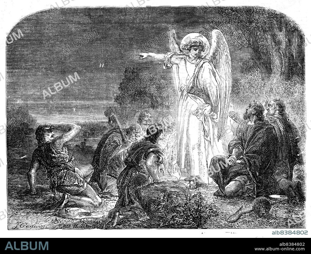 JAMES GODWIN. The Star in the East - the First Christmas Morning, 1854. The angel points at the star, indicating to the shepherds where they may find the baby Jesus. From "Illustrated London News", 1854.