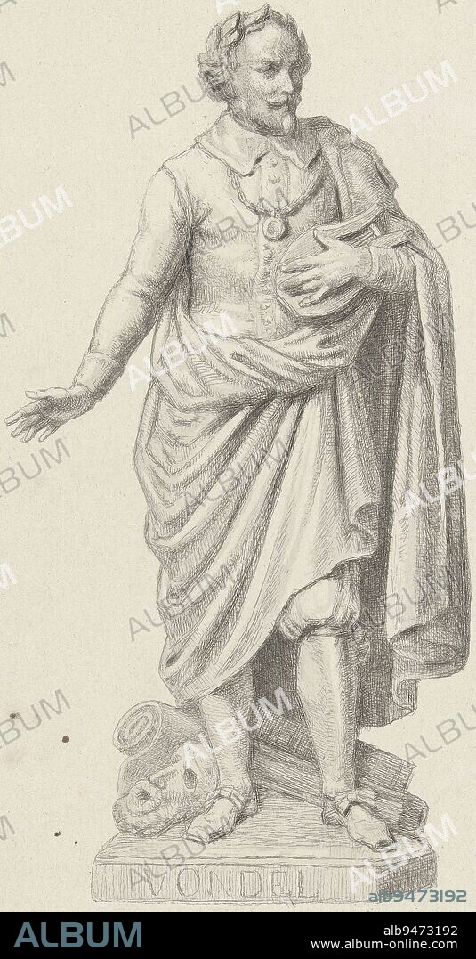 Statue of the poet and playwright Joost van den Vondel. He stands with head turned to the right, right hand extended. In the left arm a lyre. Vondel is crowned with a laurel wreath. On the ground beside him a stage mask, two books and a scroll., Statue of Joost van den Vondel, print maker: Reinier Craeyvanger, Louis Royer, Amsterdam, 1822 - 1880, paper, etching, w 121 mm - h 162 mm.
