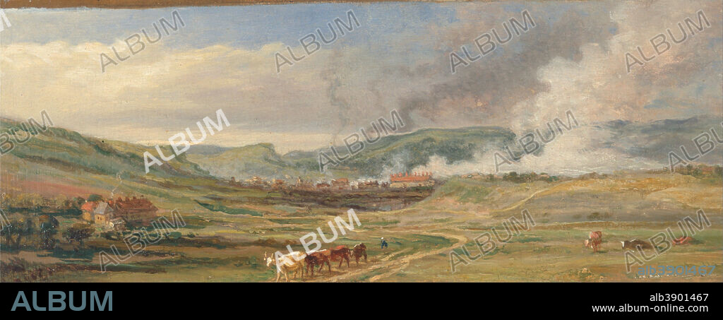 JAMES WARD. Landscape near Swansea, South Wales. Date/Period: Ca. 1805. Painting. Oil on panel. Height: 117 mm (4.60 in); Width: 305 mm (12 in).