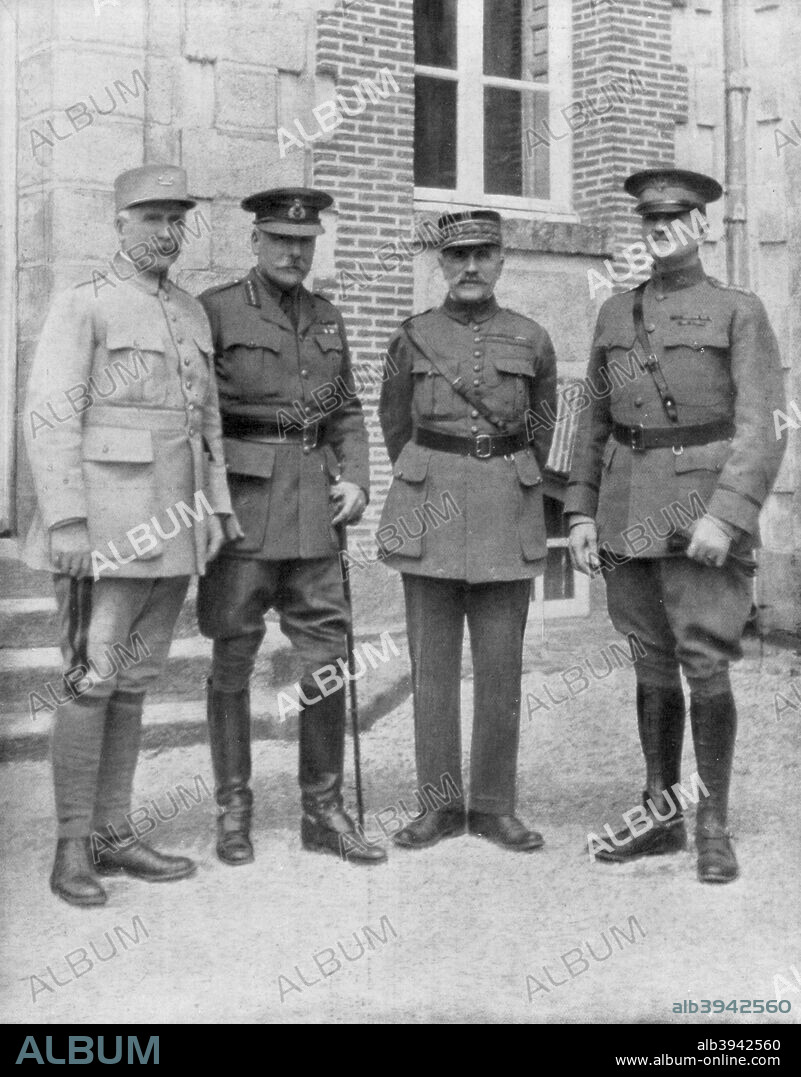 The four Allied commanders, Chateau Bombon, France, 1918. From left to right: General Philippe Petain, Commander-in-Chief of the French Army; Field Marshal Douglas Haig, Commander-in-Chief of the British Expeditionary Force (BEF); Marshal Ferdinand Foch, Supreme Allied Commander; General John Pershing, Commander-in-Chief of the American Expeditionary Force (AEF). The four are pictured outside Foch's headquarters.