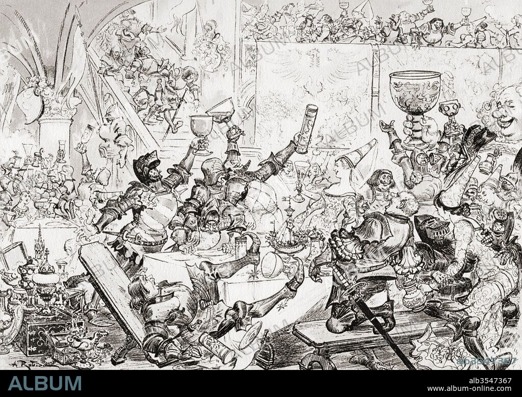 Le Festin des Victueurs Gargantuistes or The Feast of the Victorious Gargantuists. After the illustration by Albert Robida for Gargantua and Pantagruel by François Rabelais. From Oevres de Rabelais, published 1928.