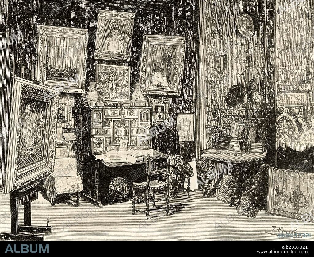 José María Casado del Alisal (1832-1886). Pintor español. "Un detalle del estudio del Sr. Casado del Alisal". Grabado por Vela. "La Ilustración Española y Americana", año 1886.