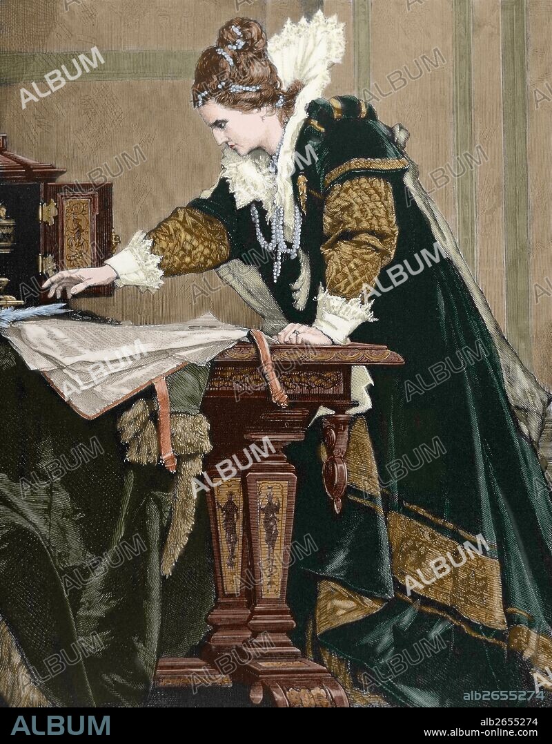 Elizabeth I (1533-1603), Queen of England and Ireland decrees the death of Mary Stuart, Queen of Scots. Engraving by Thiele. Colored.