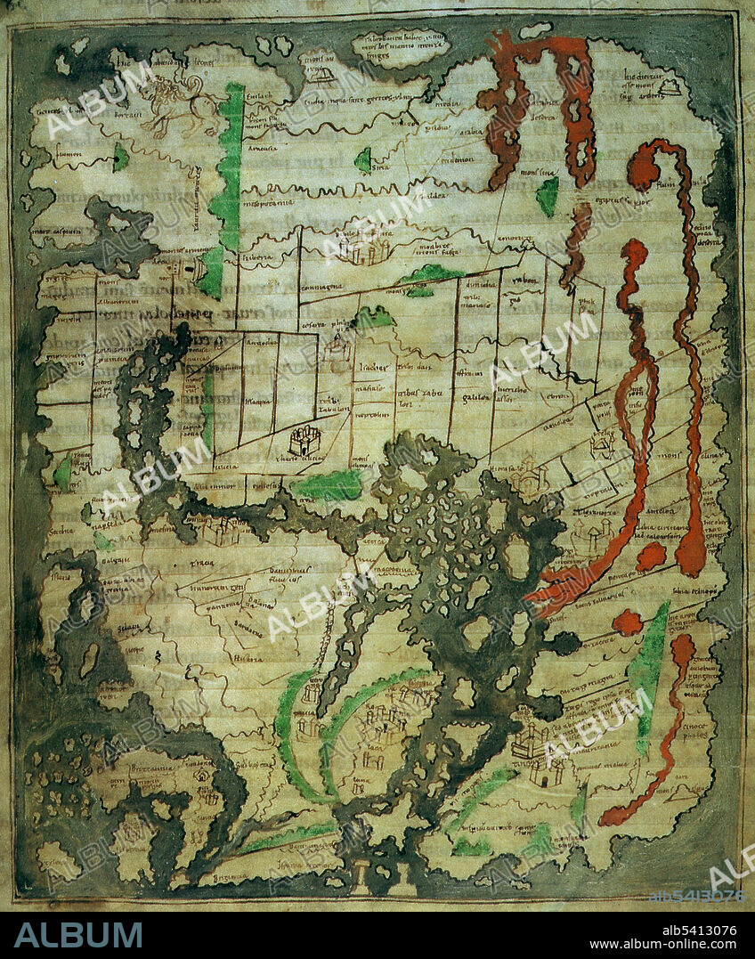 Compared with many lands, England has a comparative wealth of early cartographic material. This map was probably created at Canterbury between 1025 and 1050, but is probably ultimately based on a model dating from Roman times. It contains the earliest known, relatively realistic depiction of the British Isles, seen in the bottom left hand corner of this map. Like most early maps, this one has East at the top, nevertheless the British Isles is immediately recognizable, as are the surrounding islands (the Orkneys, Scillies, Channel Islands and the Isles of Man and Wight). The Cornish peninsula is exaggerated, but perhaps most interesting are the two fighting figures which may represent the conflict between the Saxons and the native Britons in the centuries following the departure of the Romans.