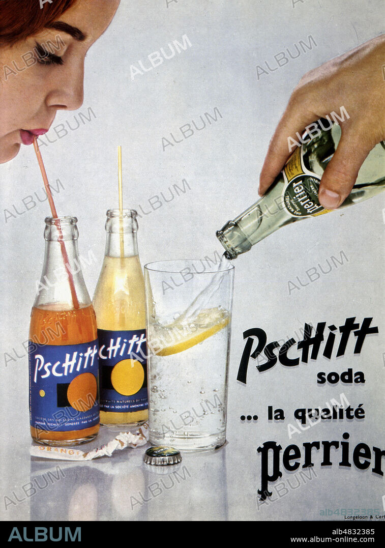 Publicite de 1958 pour les sodas Pschitt fabriques par Perrier. Publicite annees 50. Credit : Collection KHARBINE-TAPABOR.