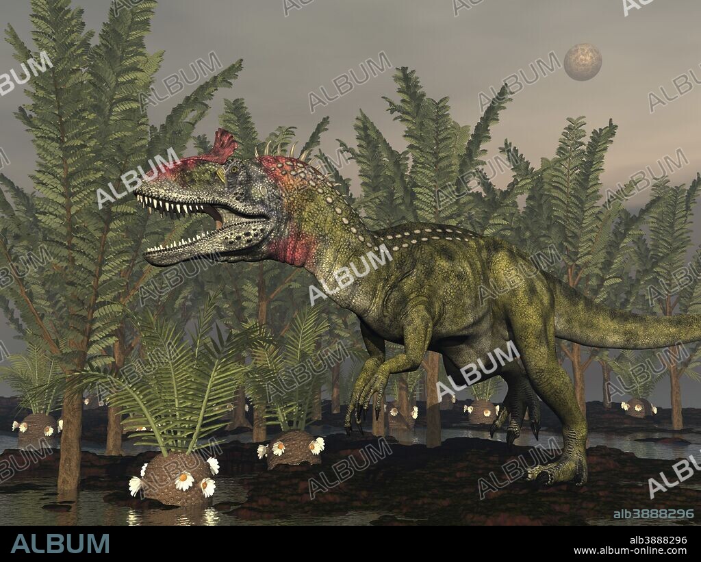 Cryolophosaurus dinosaur walking amongst pachypteris trees and cycadeoidea plants.