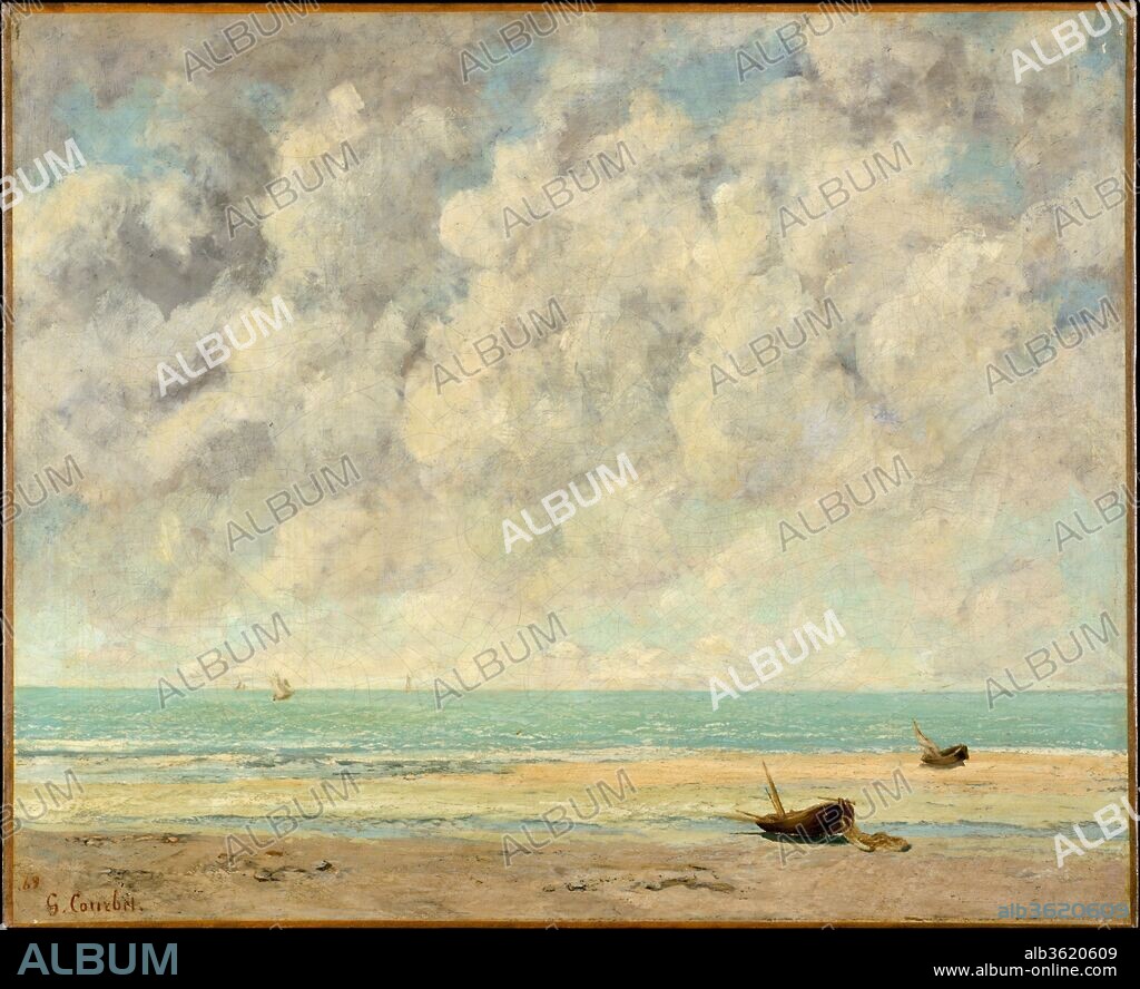 The Calm Sea. Artist: Gustave Courbet (French, Ornans 1819-1877 La Tour-de-Peilz). Dimensions: 23 1/2 x 28 3/4 in. (59.7 x 73 cm). Date: 1869.
Courbet painted this view looking out over the English Channel during a visit to Étretat along the coast of Normandy in August 1869. The ocean has receded at low tide, and two small boats are left on the shore. The tranquil composition, with its immense sky towering over narrow bands of water and sand, is unusual for Courbet's marine paintings of this period, dominated by dramatically crashing waves.