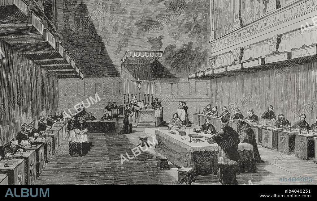 Pope Leo XIII (1810-1903). Italian pope (1878-1903). Born Vincenzo Gioacchino Pecci. The conclave for the election of Pope Leo XIII. Voting in the Sistine Chapel. Engraving. La Ilustración Española y Americana, 1878.