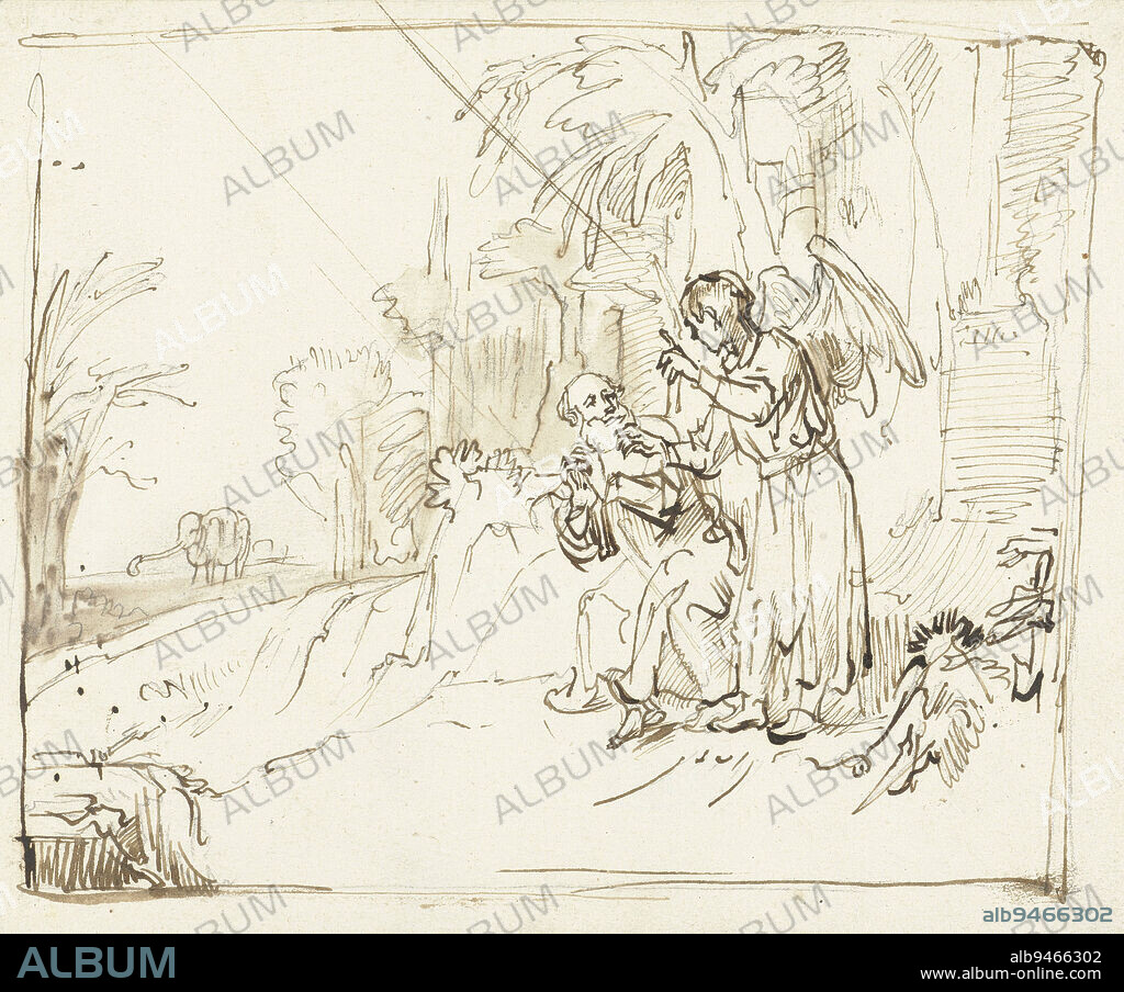 Elijah Visited by an Angel in the Dessert, Rembrandt van Rijn (school of), c. 1650 - c. 1660, draughtsman: Rembrandt van Rijn, (school of), Amsterdam, c. 1650 - c. 1660, paper, pen, brush, h 152 mm × w 201 mm.