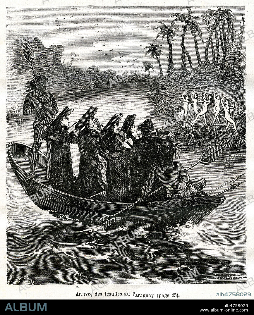 Arrivee des jesuites au Paraguay (jouant de la musique pour approcher les indiens Guaranis). Illustration vers 1870 par L. TOBB pour Histoires des societes secretes politiques et religieuses par Pierre ZACCONE (1817-1895). Credit : Coll. Jonas/KHARBINE-TAPABOR.