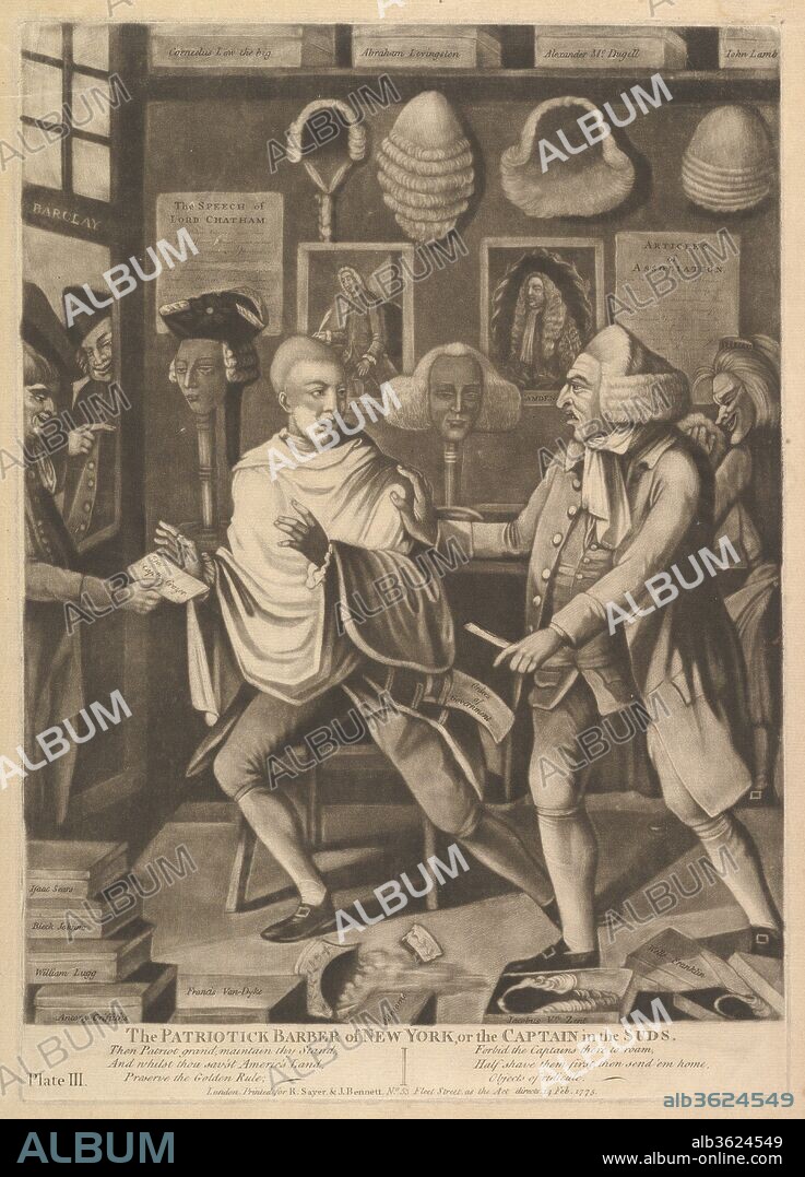The Patriotick Barber of New York, or the Captain in Suds. Artist: Attributed to Philip Dawe (British, 1745?-?1809). Dimensions: plate: 14 x 9 15/16 in. (35.5 x 25.2 cm)
sheet: 17 1/2 x 11 1/8 in. (44.5 x 28.3 cm). Publisher: R. Sayer and J. Bennett (London). Date: February 14, 1775.
In this print, issued in London the year before the outbreak of the American Revolution, Captain John Crozer, commander of a British ship, has been recognized in the barbershop of Jacob Vredenburgh, a New York Son of Liberty who refuses to finish shaving him. The subject demonstrates how New Yorkers refused to cooperate with British troops garrisoned in the city from the autumn of 1774. When the story reached England it inspired this print. The following verse is printed below the image: "Then Patriot grand, maintain thy Stand,/ And whilst thou sav'st Americ's Land,/ Preserve the Golden Rule;--/ Forbid the Captains there to roam,/ Half shave them first; then send 'em home,/ Objects of ridicule.".