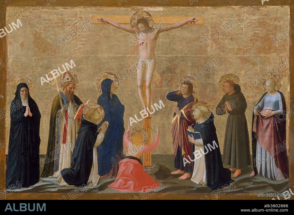 The Crucifixion by Fra Angelico (Guido di Pietro), tempera transferred to canvas, laid down on wood, gold ground, circa possibly 1440. To the left of the Crucifixion are shown Saints Monica, her son Augustine, and Peter Martyr; to the right are Saints Dominic, Francis, and Elizabeth of Hungary. This damaged but poignant picture was painted in the 1440s, when Fra Angelico and his workshop were decorating the convent of San Marco in Florence with a cycle of frescoes financed by Cosimo de'Medici. The picture may well have been painted for Cosimo and is listed in a 1492 inventory of the Medici Palace. As in the San Marco frescoes, saints born hundreds of years after the Crucifixion are shown experiencing the event as an extension of their meditations. According to the accounts in the New Testament, Jesus, whom Christians believe to be the Son of God as well as the Messiah, was arrested, tried, and sentenced by Pontius Pilate to be scourged, and finally crucified. Collectively referred to as the Passion, Jesus' suffering and redemptive death by crucifixion are the central aspects of Christian theology concerning the doctrines of salvation and atonement. Jesus' crucifixion is described in the four canonical gospels, referred to in the New Testament Epistles, attested to by other ancient sources, and is firmly established as a historical event confirmed by non-Christian sources, though there is no consensus on the precise details of what exactly occurred.