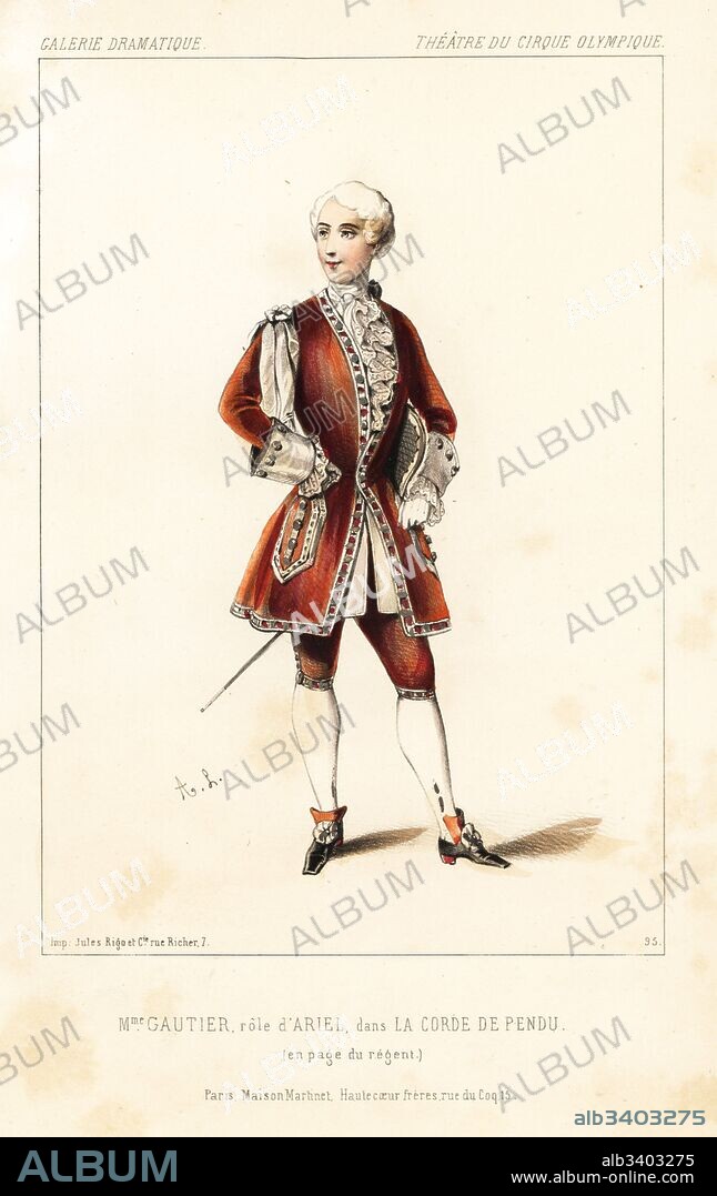 Madame Josephine Gautier as Ariel, a page to the king, in La Corde de Pendu by Ferdinand Laloue and Anicet Bourgeois, Theatre du Cirque Olympique, 1844. Handcoloured lithograph after an illustration by Alexandre Lacauchie from Victor Dollet's Galerie Dramatique: Costumes des Theatres de Paris, Paris, 1845.