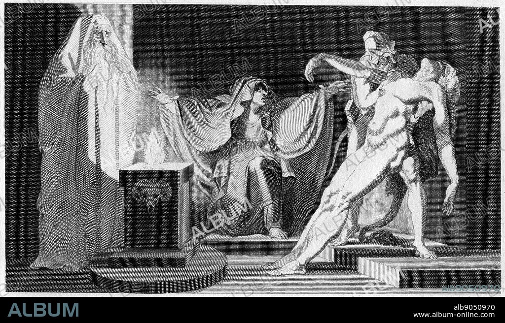 Saul and the Witch of Endor. 'Bible' 1 Samuel 28. Saul tries to contact dead Samuel through the witch. She brings Samuel 'out of the earth' (Necromancy) when he has promised he will not harm her Engraving of 1792 after Fuseli.