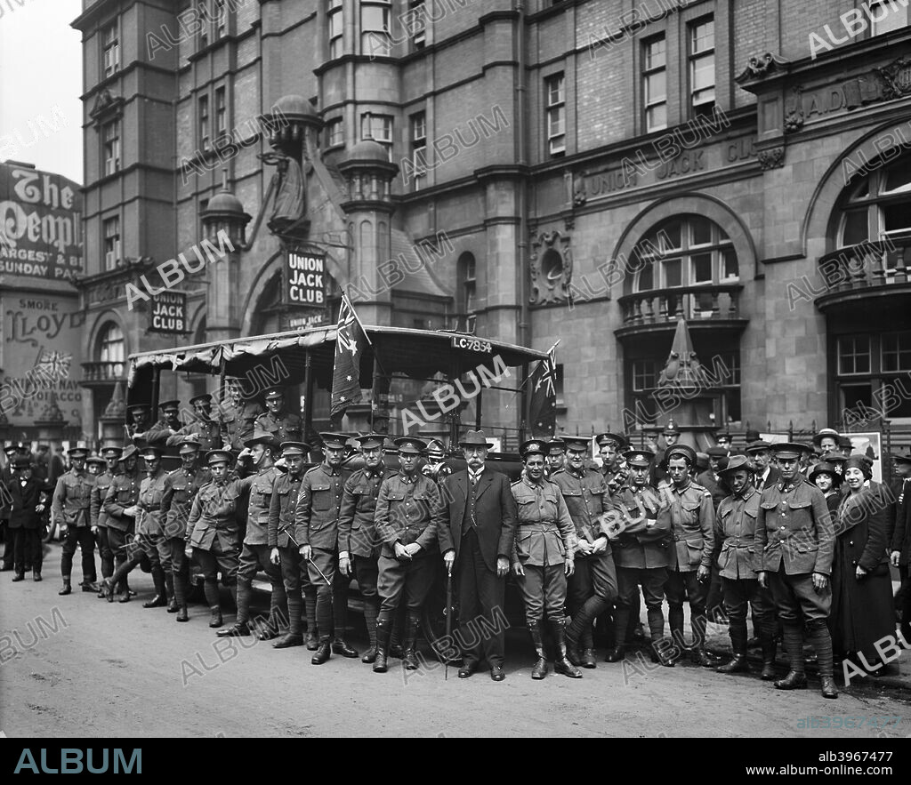 Australian soldiers outside the Union Jack Club, 91A Waterloo Road, Lambeth, London, June 1915. The Union Jack Club was founded in 1907 as a place for servicemen to stay while in London. It was heavily used during both world wars. The photograph, showing Australian soldiers, was taken for the 'Orient Line' (Orient Steam Navigation Company). This was the original building, which was later demolished and replaced with a new building on the junction of Waterloo Road with Sandell Street.