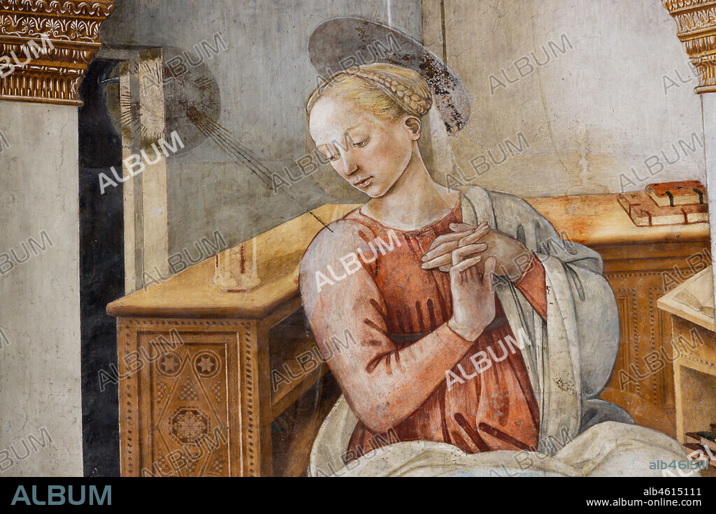 Spoleto, the Duomo (Cathedral of S. Maria Assunta), presbytery, tholobate: "Annunciation", fresco by Filippo Lippi, helped by Fra' Diamante and Pier Matteo d'Amelia, 1468-9. Detail of the Virgin Mary.