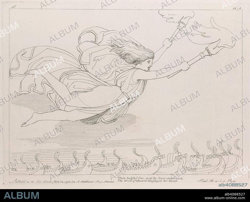 'When baleful Iris, sent by Jove's command, the torch of discord blazing in her hand'. Iris, the goddess of the rainbow. Outline engraving by Thomas Piroli after John Flaxman. The Iliad of Homer, engraved by T. Piroli from the compositions of J. F... London, 1795. Source: 75.g.19.(1), plate 16. Language: English.