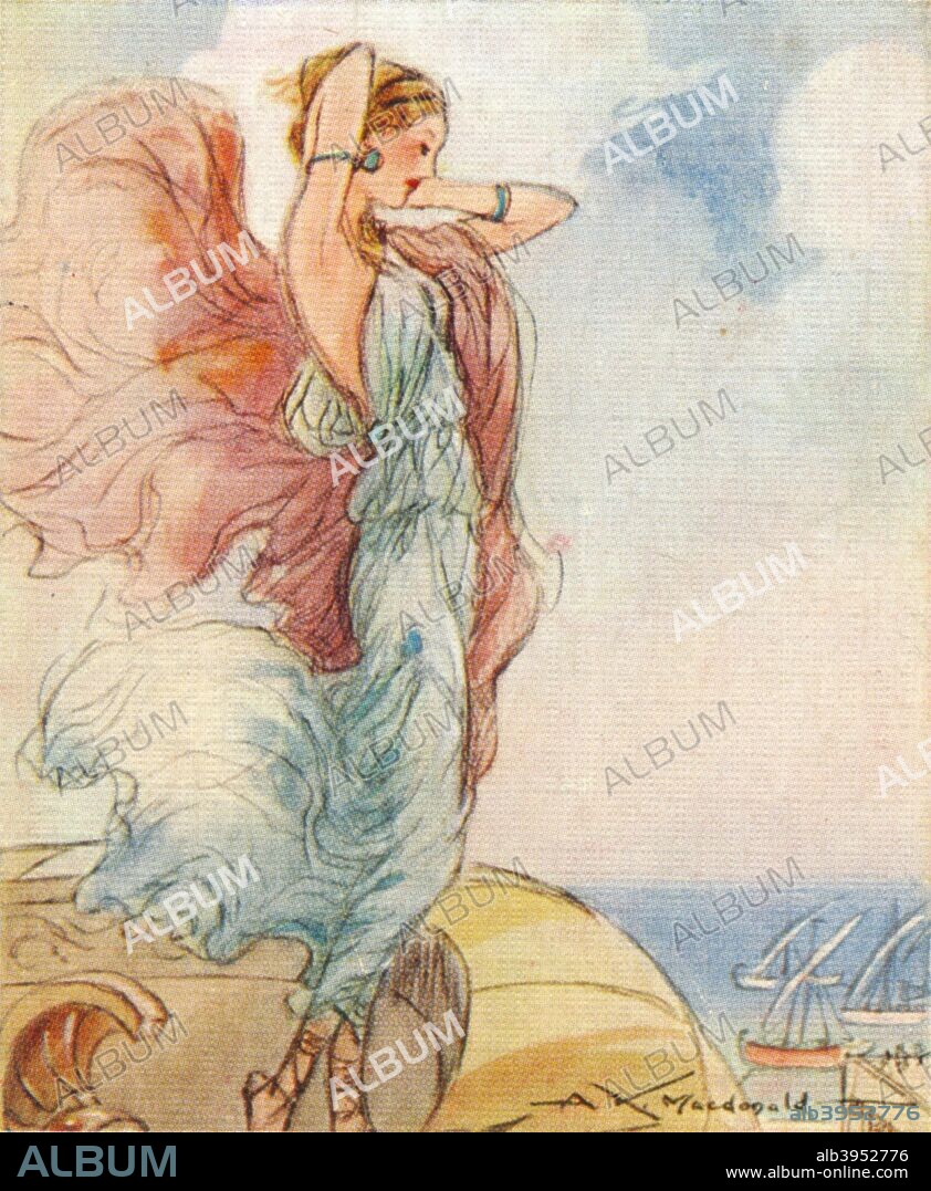 Helen of Troy, daughter of Zeus and Leda. In Greek myths she was considered to be the most beautiful woman in the world. Her abduction by Paris brought about the Trojan War. From an original drawing by A. K. Macdonald. From the John Player & Sons cigarette card series 'Famous Beauties', 1937.