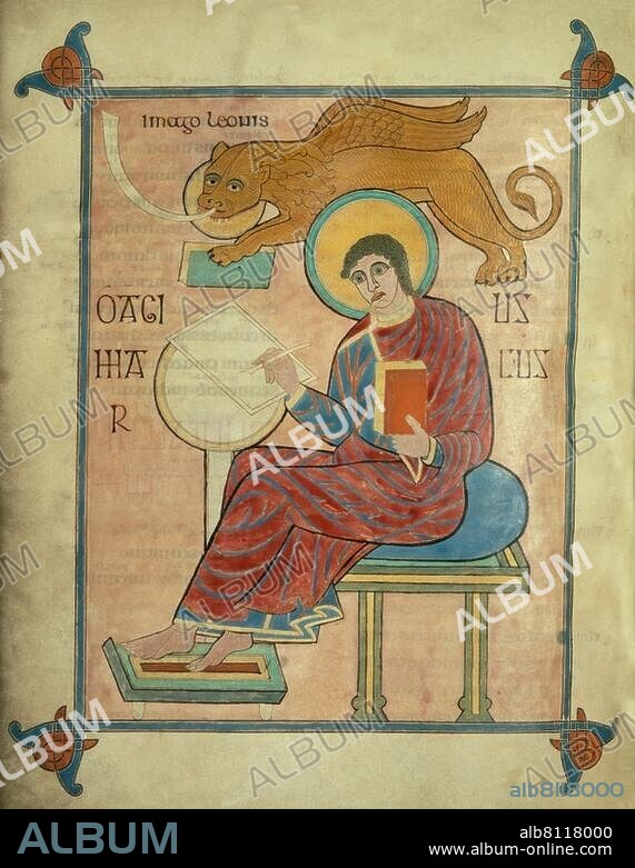 Manuscript illumination, Irish-Northumbrian, c. 698/700. Mark the Evangelist. From the Lindisfarne Gospels, written and illuminated by Bishop Eadfrith in Lindisfarne monastery. Cotton Ms. Nero D. IV., fol. 93 v, London, British Library.