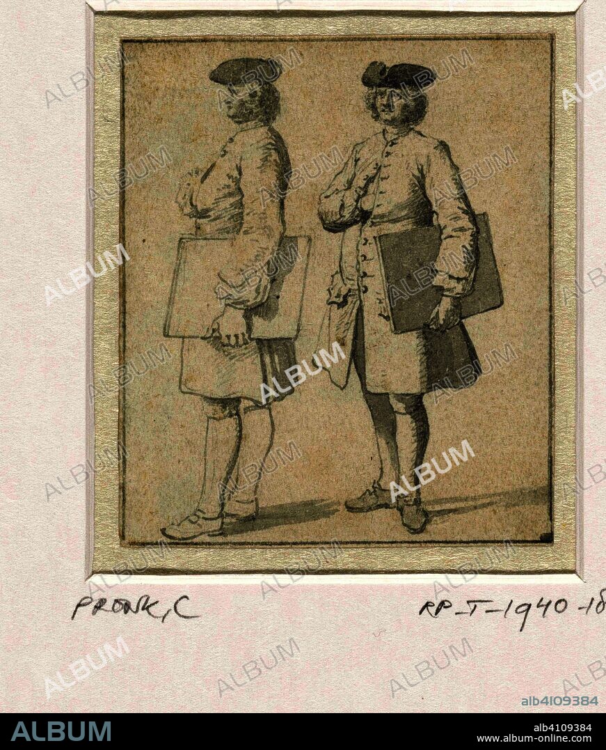 Self-portrait standing with portfolio, twice. Draughtsman: Cornelis Pronk. Dating: 1701 - 1759. Measurements: h 72 mm × w 62 mm.