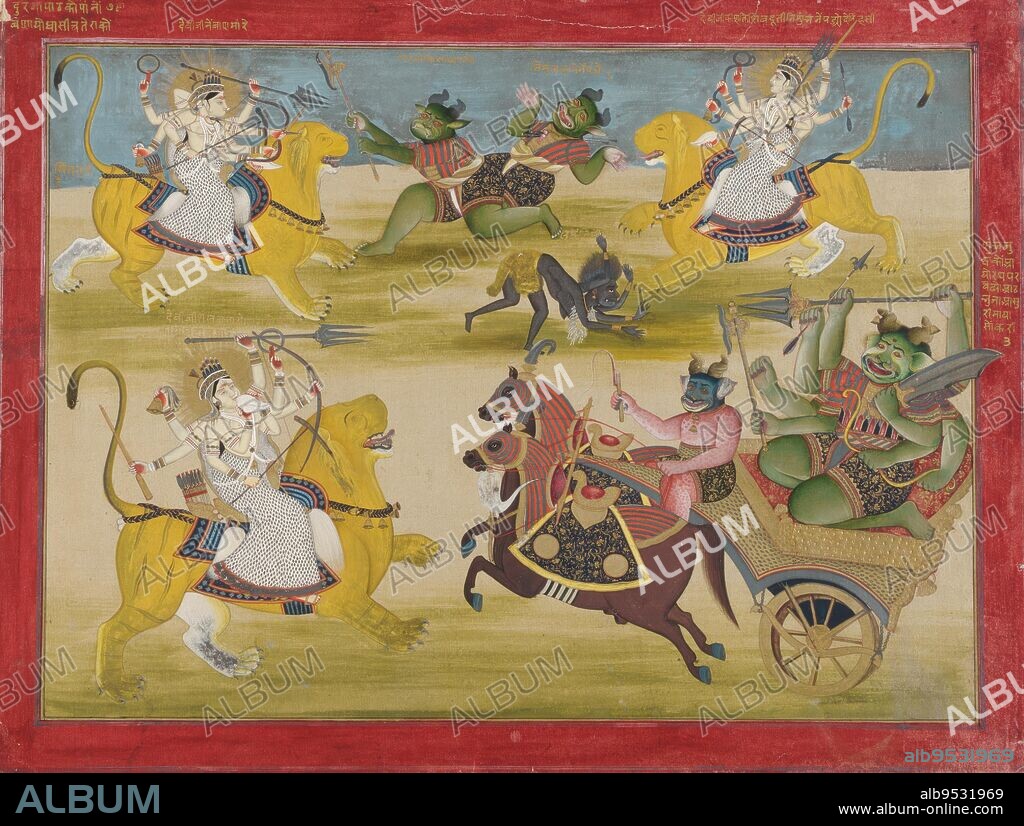 Durga fighting the rakshashas Shunga and Nishunga, from a Devi Mahatmya. Date: mid 19th century. Opaque watercolor and gold on paper. Origin: Jaipur, Rajasthan state, India.