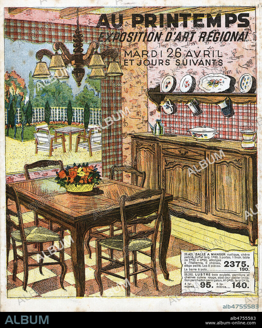Interieur de salle a manger rustique : Couverture de Catalogue de l'exposition d'Art Regional, Mobilier et Art menager, avril 1938, Magasin du Printemps, annees 30. Illustration anonyme. Credit IM/KHARBINE TAPABOR.