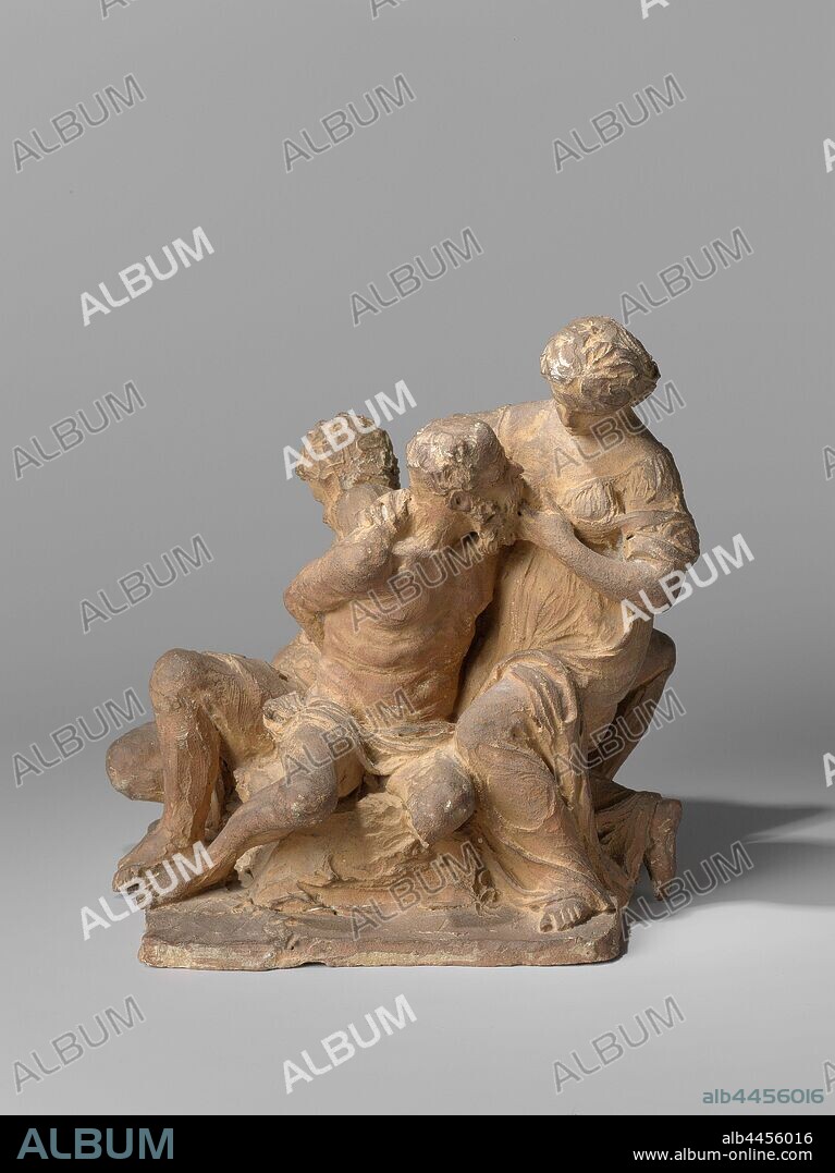 Caritas romana (Roman Charity) Caritas Romana, crowning for a pump, Caritas Romana, group consisting of Cimon and Pero and two fellow prisoners. The three men with cuffed wrists on their backs sitting on an elevation, while Pero, who reaches the right breast to her old father, kneels on one knee in front of him. She wears a long robe over a long robe that is turned back above the left knee, right shoulder and chest are uncovered. The men are provided with a loincloth., Pero suckling Cimon ('Caritas romana'), City Hall of Amsterdam (1655-1808), Artus Quellinus (I), Amsterdam, c. 1652, terracotta (clay material), h 23.8 cm × w 24.5 cm × d 22.5 cm.