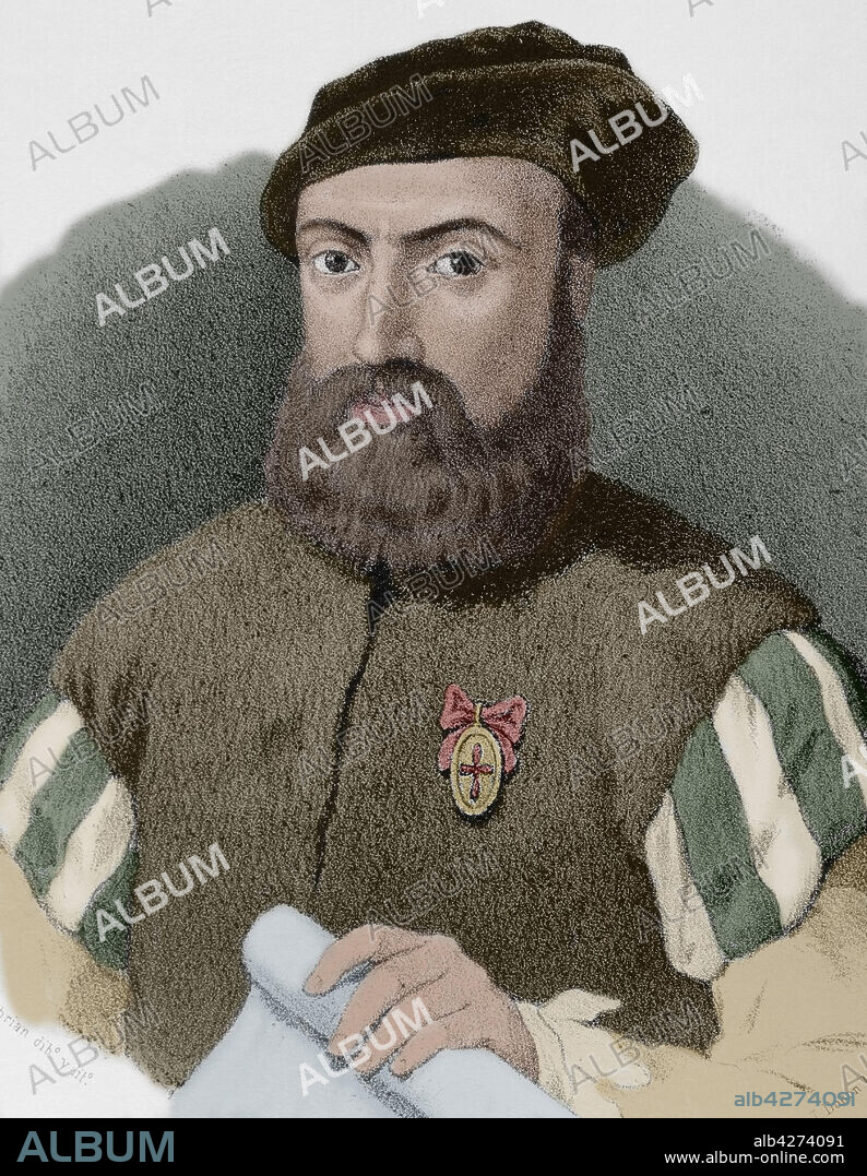 JOSÉ CEBRIÁN (1839-1904). SPANISH ILLUSTRATOR AND ENGRAVER.. Ferdinand Magellan (1480-1521). Portuguese navigator and explorer. Illustration by J. Cebrián. Lithography. Portrait, detail. Later colouration. Cronica General de España, Historia Ilustrada y Descriptiva de sus Provincias. Andalucia, 1867.