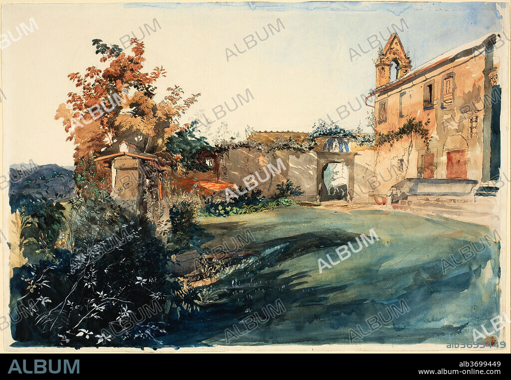 JOHN RUSKIN. The Garden of San Miniato near Florence. Dated: 1845. Dimensions: Overall: 34.2 x 49.2 cm (13 7/16 x 19 3/8 in.)  mat: 40.6 x 55.9 cm (16 x 22 in.). Medium: watercolor and pen and black ink, heightened with white gouache, over graphite on wove paper laid down on thick, white paper.