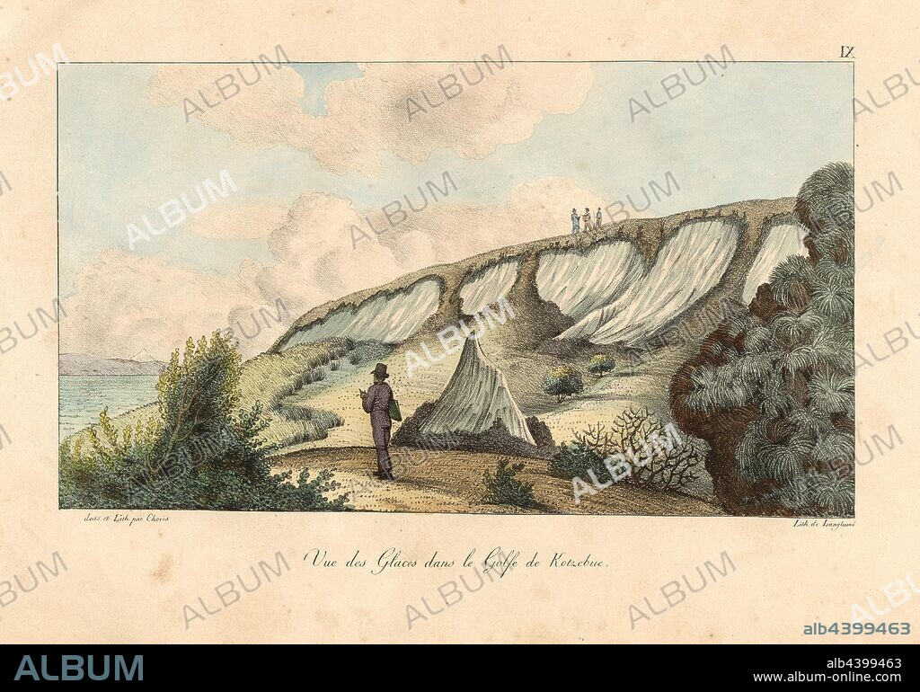 Ice view in the Gulf of Kotzebue, Ice in Kotzebue Sound, signed: dess., et Lith. par Chorus; lith., par Langlumé, Fig. 9, after p. 20, p. 93, Choris, Louis (dess.; lith.); Langlumé, Joseph (lith.), 1822, Louis Choris: Voyage pittoresque autour du monde, avec des portraits de sauvages d'Amérique, d'Asie, d'Afrique, et des îles du Grand Ocean [...]. Paris: Didot, 1822.