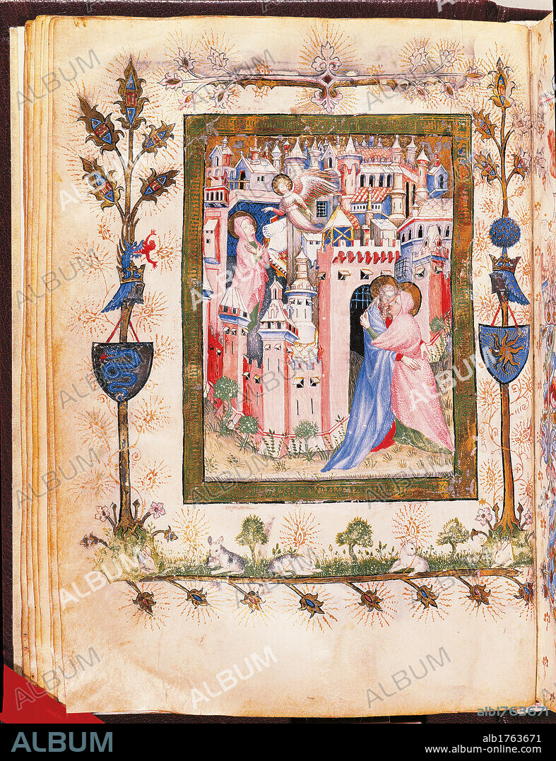 From the Offiziolo of Gian Galeazzo Visconti The Annunciation to St Anne and The Meeting at the Golden Gate, by Giovannino de Grassi, 14th Century, miniature,. Italy, Tuscany, Florence, Central National Library. All. Illuminated miniated page. The Annunciation to St Anne and The Meeting of St Anne and St Joachim at the Golden Gate phytomorphic motifs shield coat of arms crest Visconti snake panel Golden Gate kiss St Joachim St Anne wall enclosure angel Annunciation announcement city town towers pinnacles spires roofs. Authorization required for non editorial use.