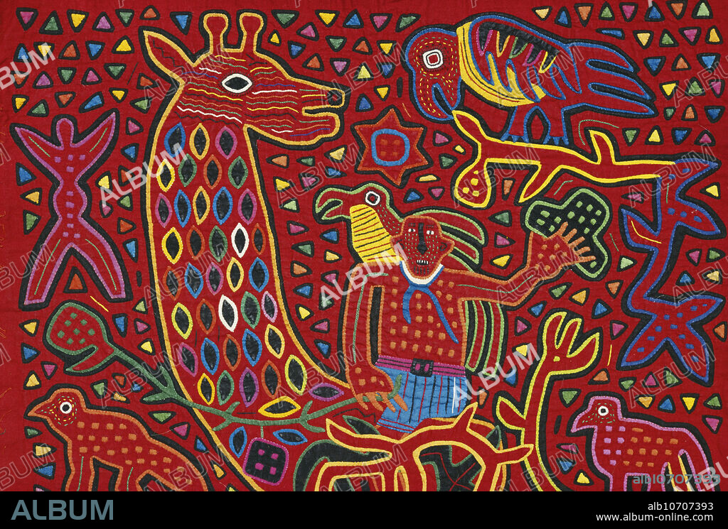 Mola textile featuring a jungle scene. Mola is a traditional art form consisting of hand made fabric, using a reverse applique technique. They can be quite complicated, with intricate geometric patterns, many layers of fabric and almost invisible stitches. San Blas Islands, Panama.